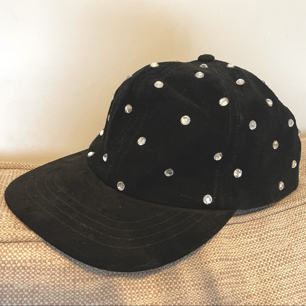 Vintage Black Suede Rhinestone Hat - Festival Cap